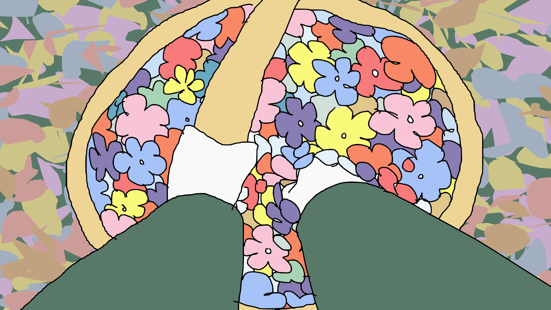 A drawing depicting a basket full of flowers being punched by arms going out of frame.